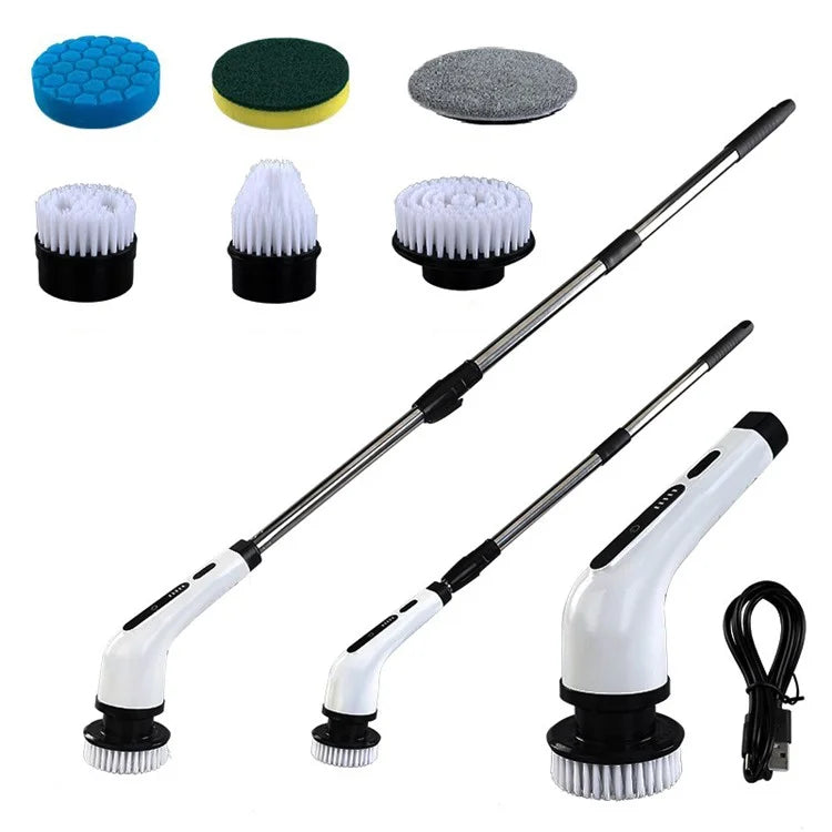 Long Handle Electric Spin Brush Cordless Shower Scrubber with 6 Replacement Heads