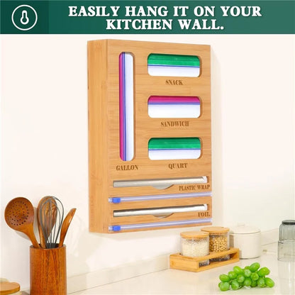 9 in 1 Kitchen Plastic Wrap Cutting Box Food Storage Bags Bamboo Dispenser Box
