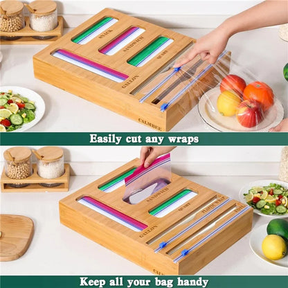 9 in 1 Kitchen Plastic Wrap Cutting Box Food Storage Bags Bamboo Dispenser Box