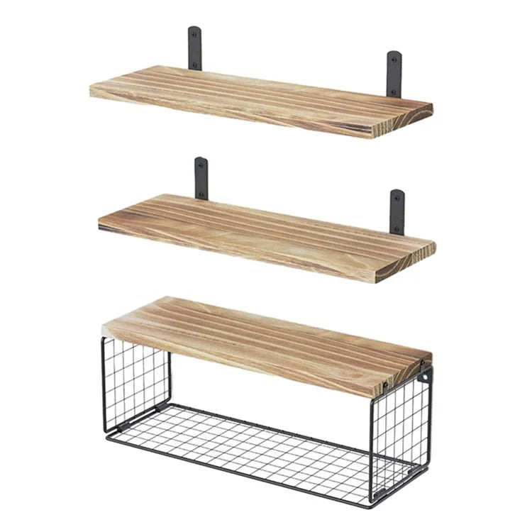 3Pcs / Set Wall-Mounted Storage Rack Iron Wire Basket Wooden Rack Kitchen Spice Potted Plants Shelf