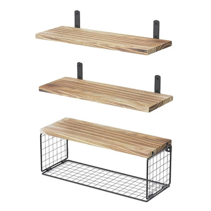 3Pcs / Set Wall-Mounted Storage Rack Iron Wire Basket Wooden Rack Kitchen Spice Potted Plants Shelf