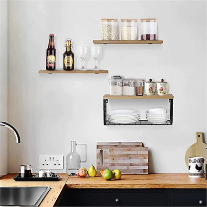 3Pcs / Set Wall-Mounted Storage Rack Iron Wire Basket Wooden Rack Kitchen Spice Potted Plants Shelf