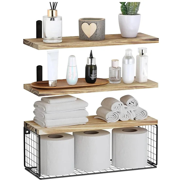 3Pcs / Set Wall-Mounted Storage Rack Iron Wire Basket Wooden Rack Kitchen Spice Potted Plants Shelf
