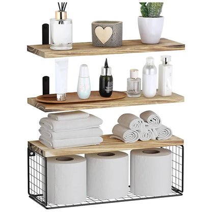 3Pcs / Set Wall-Mounted Storage Rack Iron Wire Basket Wooden Rack Kitchen Spice Potted Plants Shelf