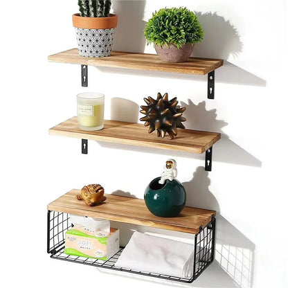 3Pcs / Set Wall-Mounted Storage Rack Iron Wire Basket Wooden Rack Kitchen Spice Potted Plants Shelf