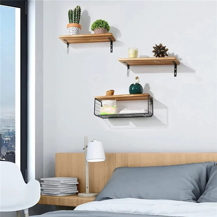 3Pcs / Set Wall-Mounted Storage Rack Iron Wire Basket Wooden Rack Kitchen Spice Potted Plants Shelf