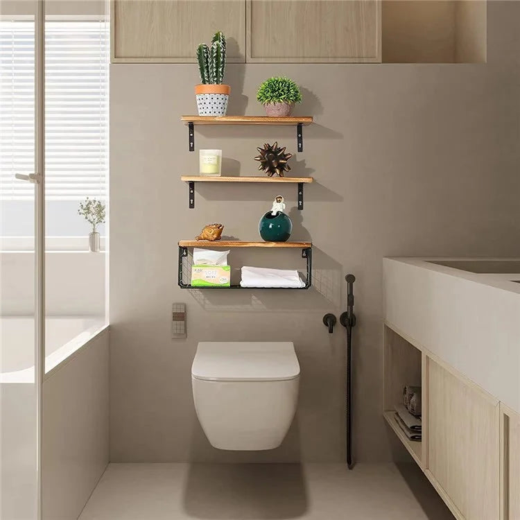 3Pcs / Set Wall-Mounted Storage Rack Iron Wire Basket Wooden Rack Kitchen Spice Potted Plants Shelf