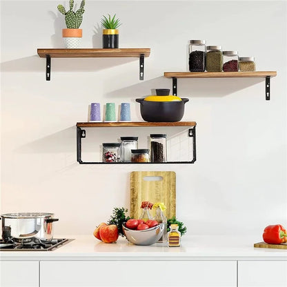 3Pcs / Set Wall-Mounted Storage Rack Iron Wire Basket Wooden Rack Kitchen Spice Potted Plants Shelf