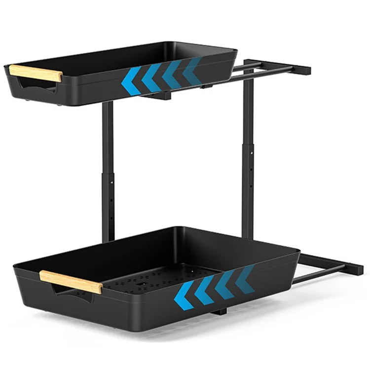 Dual Layer L-Shape Pull-Out ABS Storage Rack Height Adjustable Kitchen Countertop Under Sink Organizer