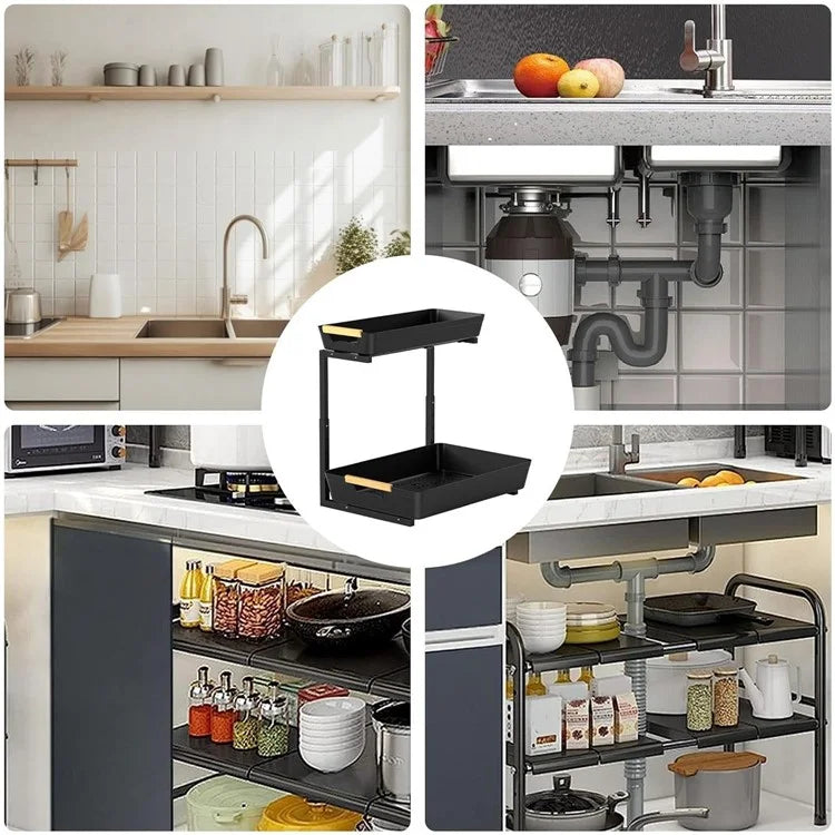 Dual Layer L-Shape Pull-Out ABS Storage Rack Height Adjustable Kitchen Countertop Under Sink Organizer
