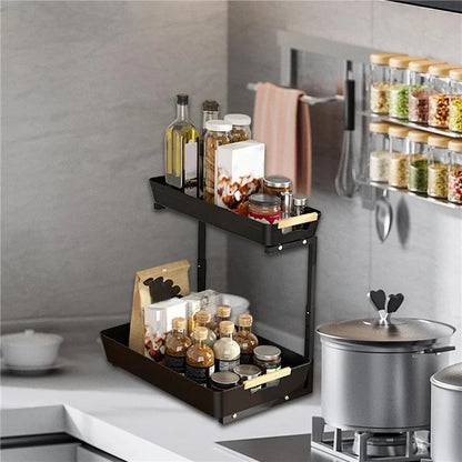 Dual Layer L-Shape Pull-Out ABS Storage Rack Height Adjustable Kitchen Countertop Under Sink Organizer