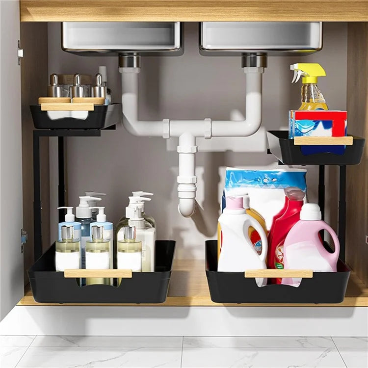 Dual Layer L-Shape Pull-Out ABS Storage Rack Height Adjustable Kitchen Countertop Under Sink Organizer