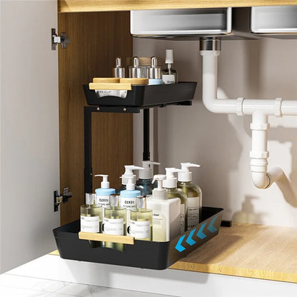 Dual Layer L-Shape Pull-Out ABS Storage Rack Height Adjustable Kitchen Countertop Under Sink Organizer