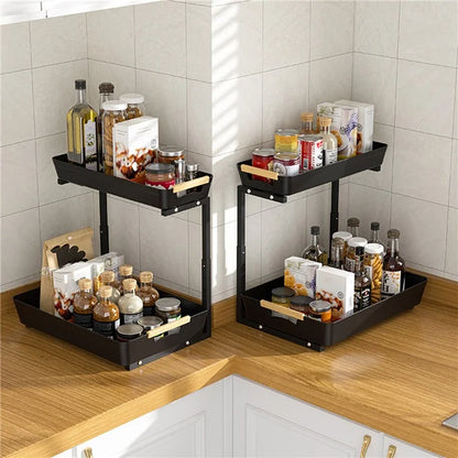 Dual Layer L-Shape Pull-Out ABS Storage Rack Height Adjustable Kitchen Countertop Under Sink Organizer
