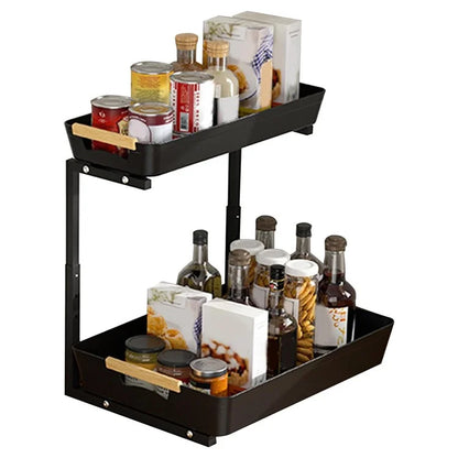 Dual Layer L-Shape Pull-Out ABS Storage Rack Height Adjustable Kitchen Countertop Under Sink Organizer