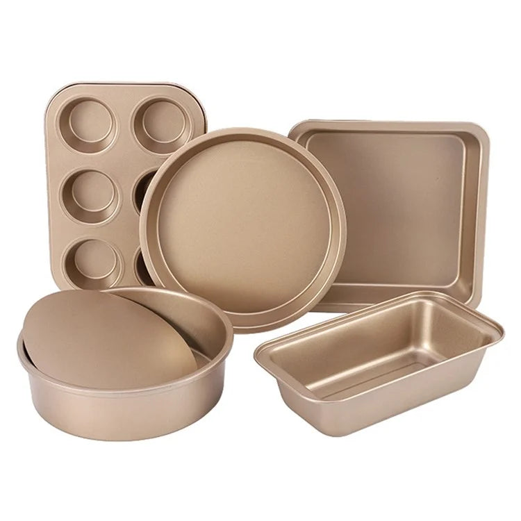 5Pcs Non-Stick Kitchen Bakeware Carbon Steel Baking Pizza Pan Cake Tray Set, Gold (No FDA, BPA Free)