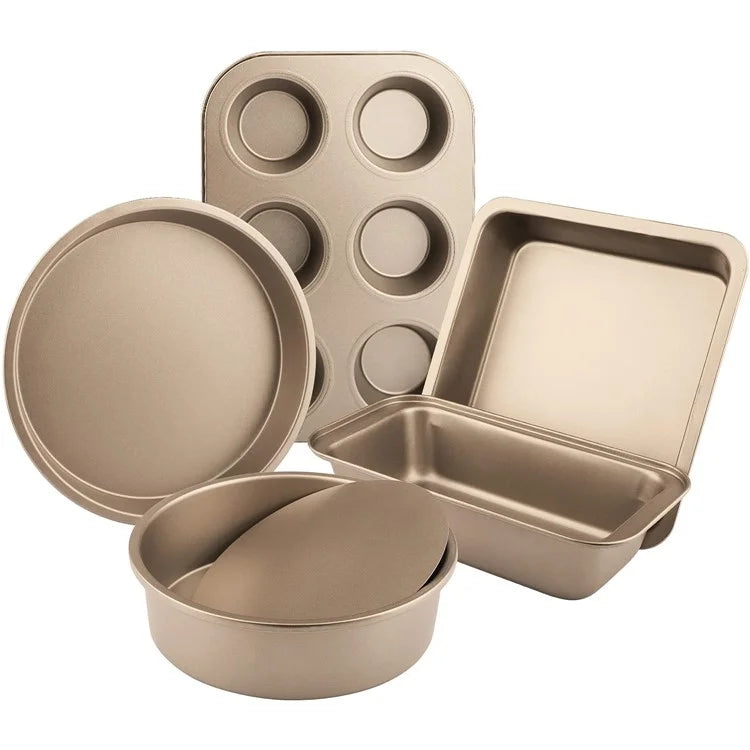 5Pcs Non-Stick Kitchen Bakeware Carbon Steel Baking Pizza Pan Cake Tray Set, Gold (No FDA, BPA Free)