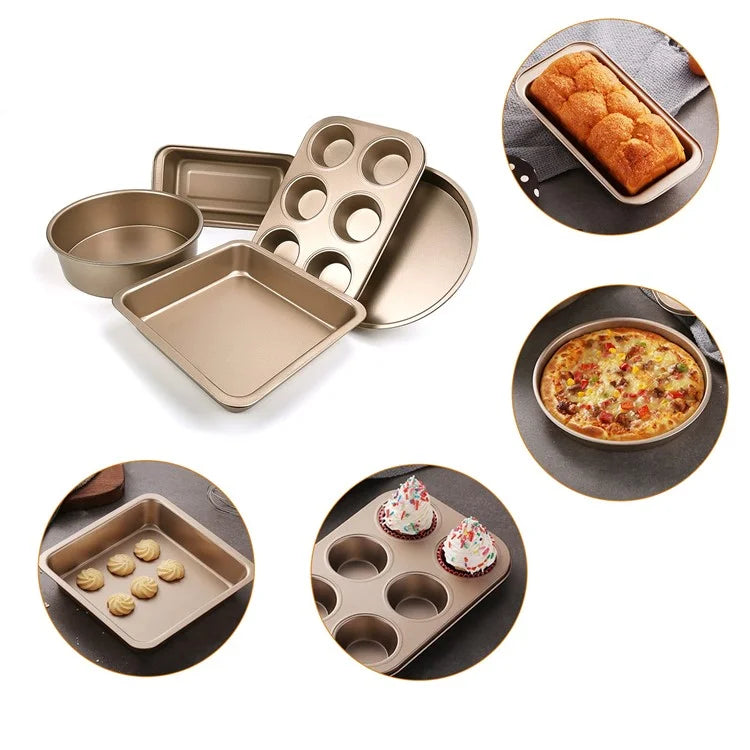 5Pcs Non-Stick Kitchen Bakeware Carbon Steel Baking Pizza Pan Cake Tray Set, Gold (No FDA, BPA Free)