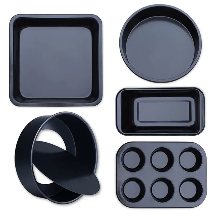 5Pcs Non-Stick Kitchen Bakeware Carbon Steel Baking Pizza Pan Cake Tray Set, Black (No FDA, BPA Free)