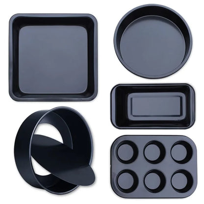 5Pcs Non-Stick Kitchen Bakeware Carbon Steel Baking Pizza Pan Cake Tray Set, Black (No FDA, BPA Free)