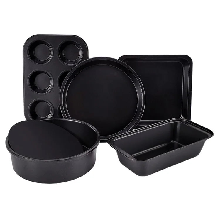 5Pcs Non-Stick Kitchen Bakeware Carbon Steel Baking Pizza Pan Cake Tray Set, Black (No FDA, BPA Free)