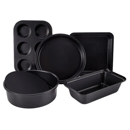 5Pcs Non-Stick Kitchen Bakeware Carbon Steel Baking Pizza Pan Cake Tray Set, Black (No FDA, BPA Free)