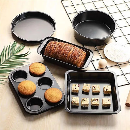 5Pcs Non-Stick Kitchen Bakeware Carbon Steel Baking Pizza Pan Cake Tray Set, Black (No FDA, BPA Free)