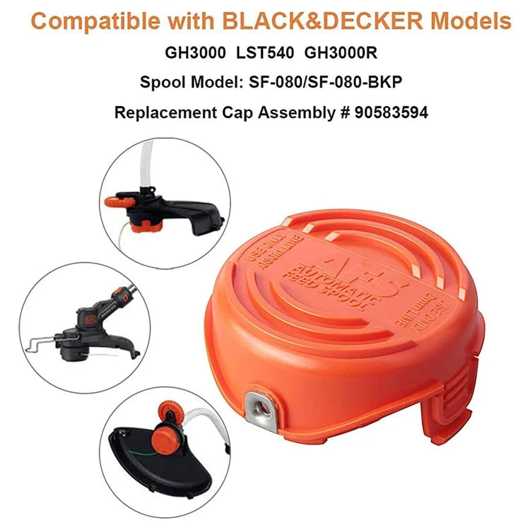 2 Spool Cap + 10 Replacement Spool for Black & Decker GH3000  /  GH3000R  /  LST540  /  LST540B Lawn Mower Spare Part, SF-080-BKP / 90583594