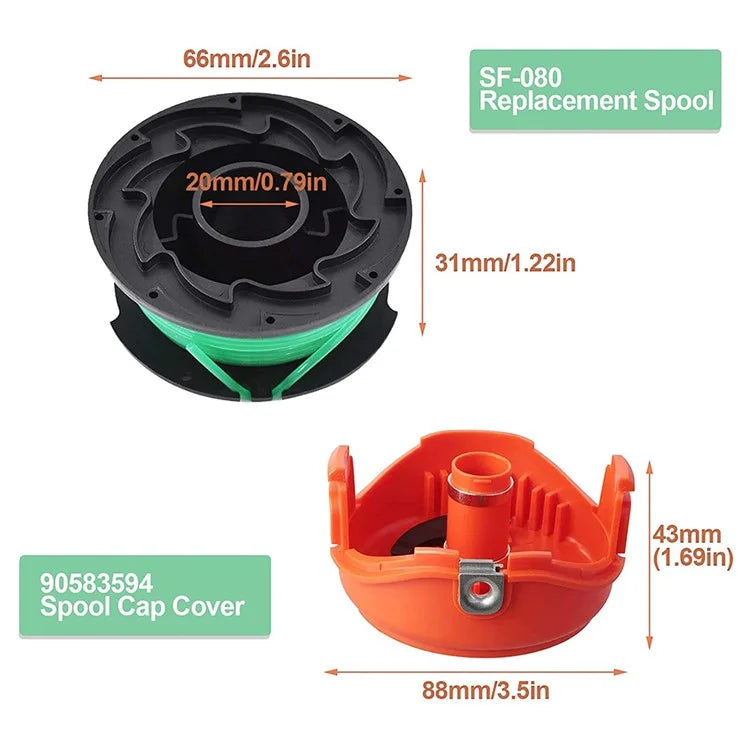 2 Spool Cap + 10 Replacement Spool for Black & Decker GH3000  /  GH3000R  /  LST540  /  LST540B Lawn Mower Spare Part, SF-080-BKP / 90583594