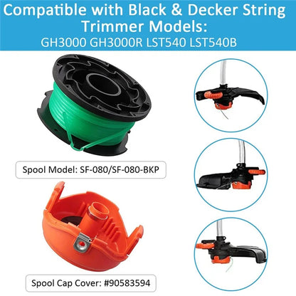 1Pc Replacement Spool + Spool Cap for Black & Decker GH3000  /  GH3000R  /  LST540  /  LST540B Lawn Mower Spare Part, SF-080-BKP / 90583594