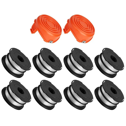 8 Replacement Spool + 2 Spool Cap for Black & Decker GH750  /  GH710  /  GH700 Lawn Mower, DF-065-BKP / RC-065-P&90517175
