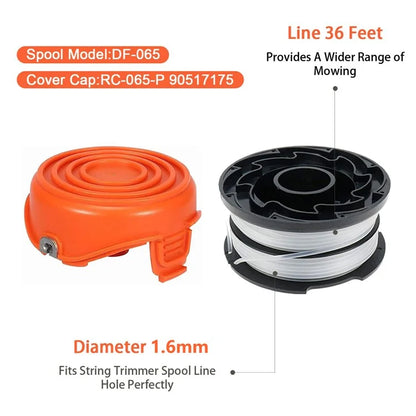 8 Replacement Spool + 2 Spool Cap for Black & Decker GH750  /  GH710  /  GH700 Lawn Mower, DF-065-BKP / RC-065-P&90517175