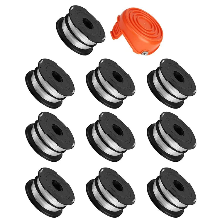 10 Replacement Spool + 1 Spool Cap for Black & Decker GH750  /  GH710  /  GH700 Lawn Mower, DF-065-BKP / RC-065-P&90517175