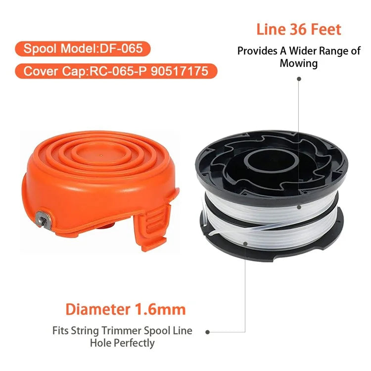 10 Replacement Spool + 1 Spool Cap for Black & Decker GH750  /  GH710  /  GH700 Lawn Mower, DF-065-BKP / RC-065-P&90517175