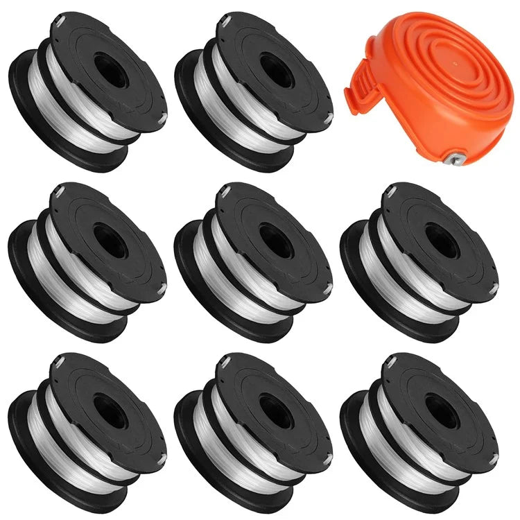 8 Replacement Spool + 1 Spool Cap for Black & Decker GH750  /  GH710  /  GH700 Lawn Mower, DF-065-BKP / RC-065-P&90517175