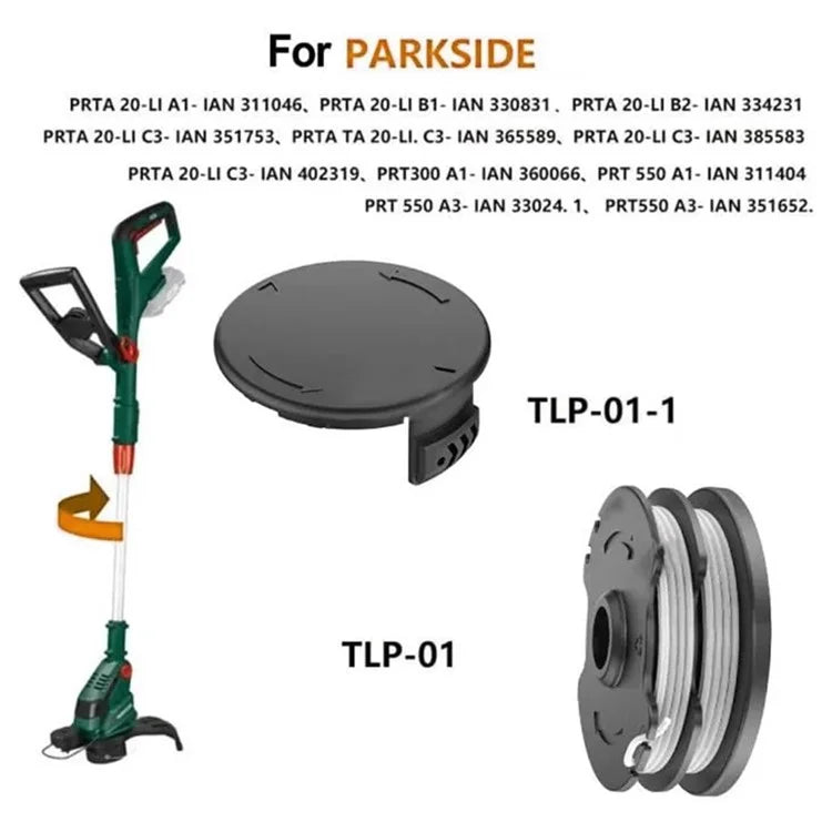 TLP-01+TLP-01-1 For Parkside PRTA 20-Li A1-IAN 311046 Lawn Mower Replacement 3 Spool + Spool Cap