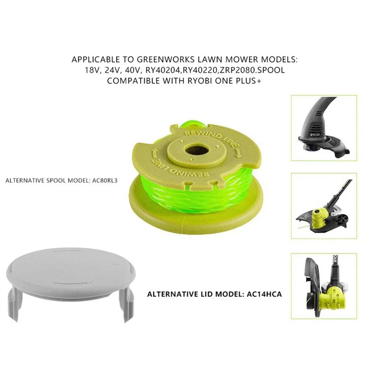For Ryobi One+ 18V 24V 40V Lawn Mower 8 Spool + 1 Spool Cap, AC80RL3+AC14HCA