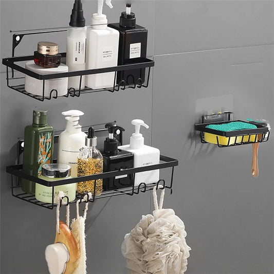 001- L02 3Pcs Wall Mounted Shower Caddy Storage Rack Shelf Organiser No Drilling / Drilling