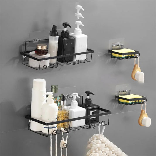 001- L02 4Pcs Shower Shelf Rack Set No Drilling Adhesive Bathroom Organiser with Soap Holder