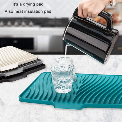 40x30cm Silicone Dish Drying Mat with Drain Lip, Heat-Resistant Dish Draining Mat