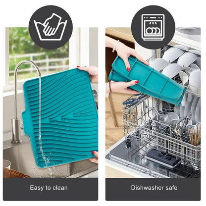 40x30cm Silicone Dish Drying Mat with Drain Lip, Heat-Resistant Dish Draining Mat