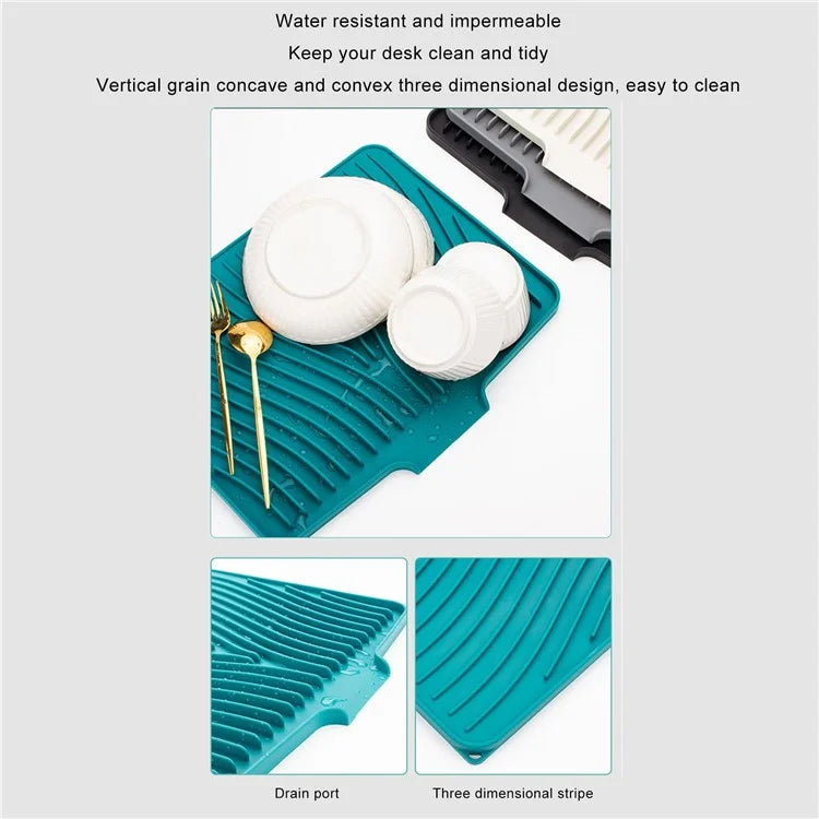 40x30cm Silicone Dish Drying Mat with Drain Lip, Heat-Resistant Dish Draining Mat