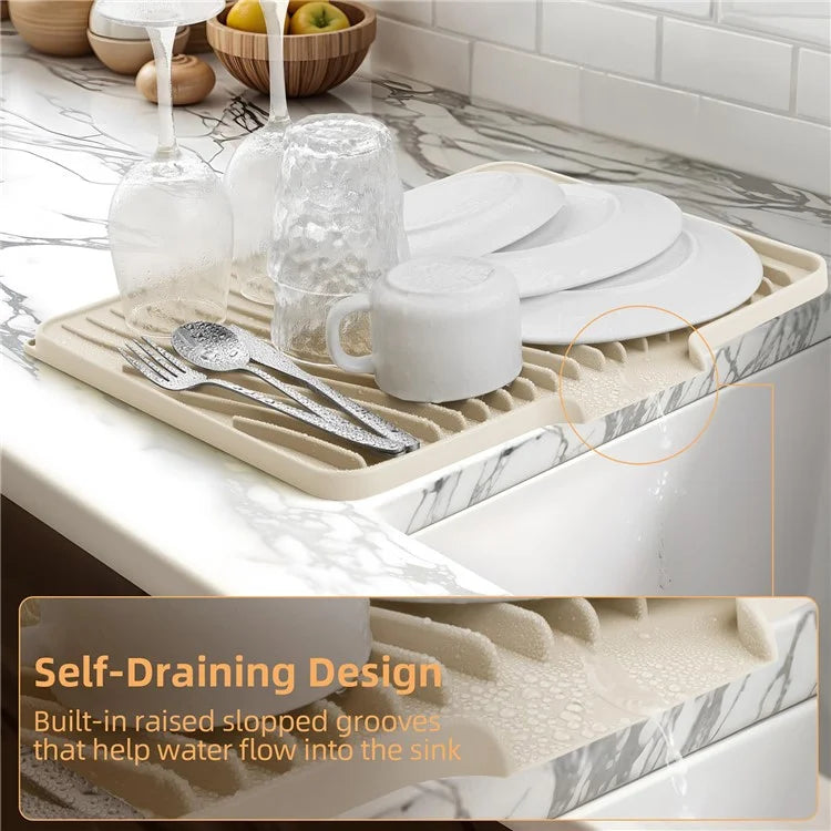 40x30cm Silicone Dish Drying Mat with Drain Lip, Heat-Resistant Dish Draining Mat