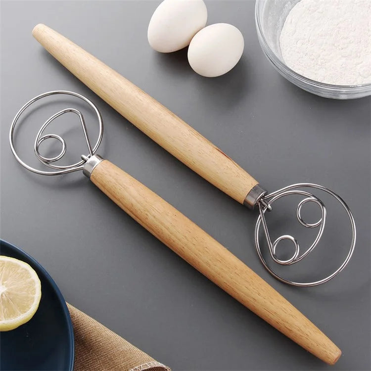 Flour Stirrer Wood Handle Stainless Steel Dough Stirrer Kitchen Tool (BPA Free, No FDA)