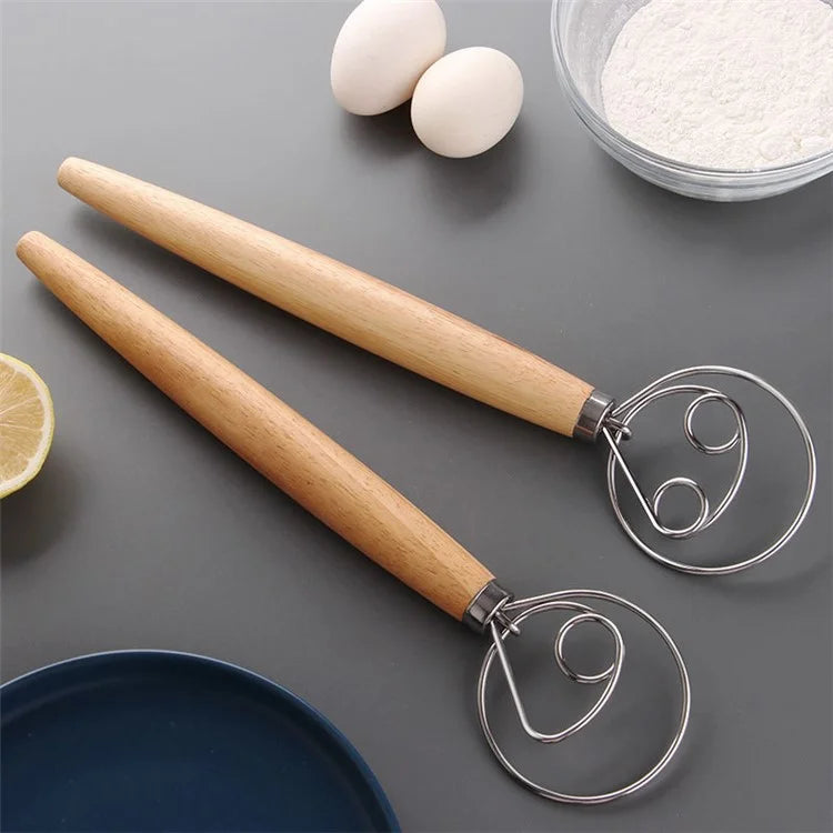 Flour Stirrer Wood Handle Stainless Steel Dough Stirrer Kitchen Tool (BPA Free, No FDA)