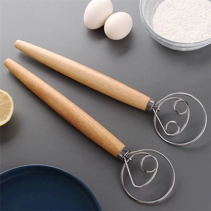 Flour Stirrer Wood Handle Stainless Steel Dough Stirrer Kitchen Tool (BPA Free, No FDA)