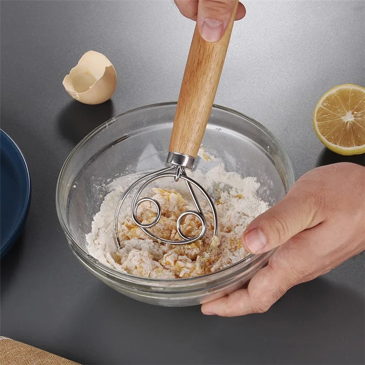 Flour Stirrer Wood Handle Stainless Steel Dough Stirrer Kitchen Tool (BPA Free, No FDA)