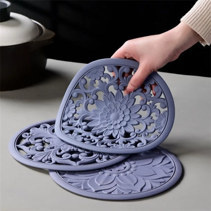 3Pcs 20*20cm Heat Insulation Placemat Chinese Hollow Carving Cup Mat Silicone Coaster