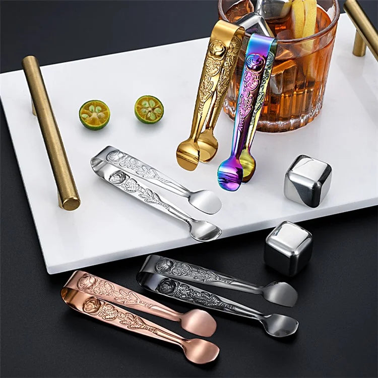 Ice Cube Clip 304 Stainless Steel Rose Pattern Mini Food Tongs (BPA Free, No FDA)
