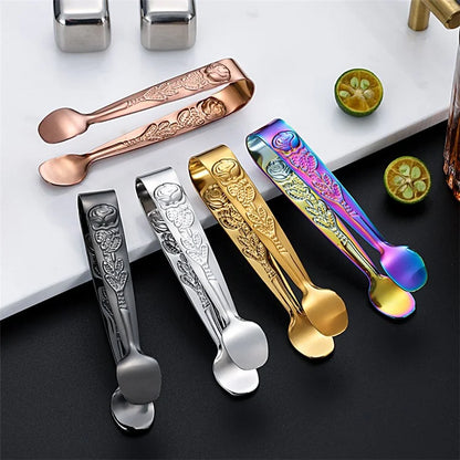 Ice Cube Clip 304 Stainless Steel Rose Pattern Mini Food Tongs (BPA Free, No FDA)